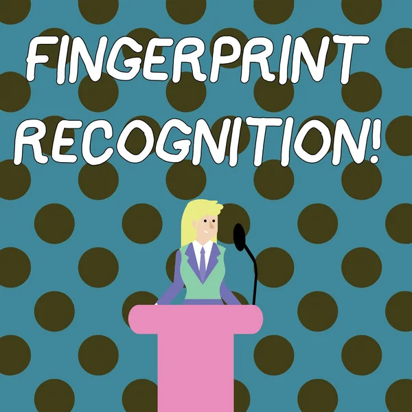 Word writing text Fingerprint Recognition. Business concept for identifying identity individual based on his finger Businesswoman Standing Behind Podium Rostrum Speaking on Wireless Microphone.