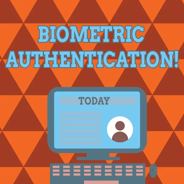 Conceptuele hand schrijven waarin biometrische authentificatie. Verificatie van de identiteit van de tekst van zakelijke foto gaat om biologische input Computer gemonteerd op Stand met Online profielgegevens op scherm. — Stockfoto