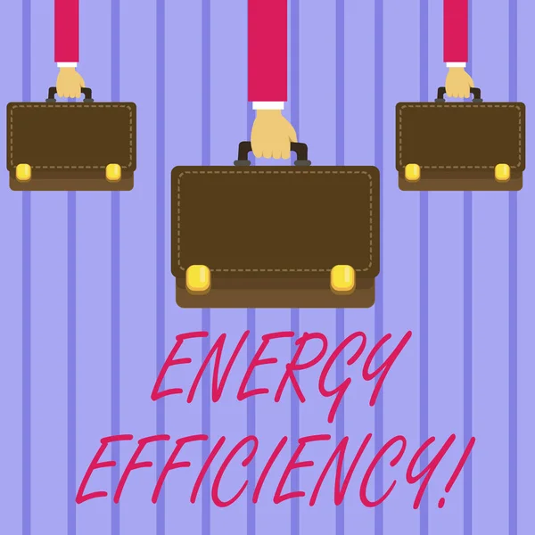 显示能源效率的书写笔记。商业照片展示的意思是用更少的能量来提供同样的服务手携带棕色公文包与运行风格和锁. — 图库照片