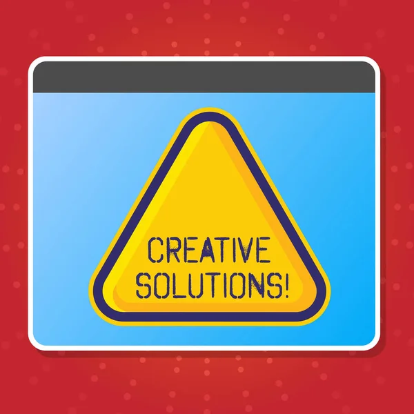 Escritura manual conceptual que muestra soluciones creativas. Proceso mental de crear soluciones únicas para el problema del triángulo en relieve amarillo en blanco con frontera como botón web en la pantalla . — Foto de Stock