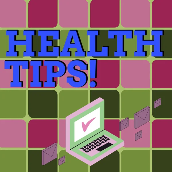Text sign showing Health Tips. Conceptual photo state of complete physical mental and social well being advices Color Mail Envelopes around Laptop with Check Mark icon on Monitor Screen.