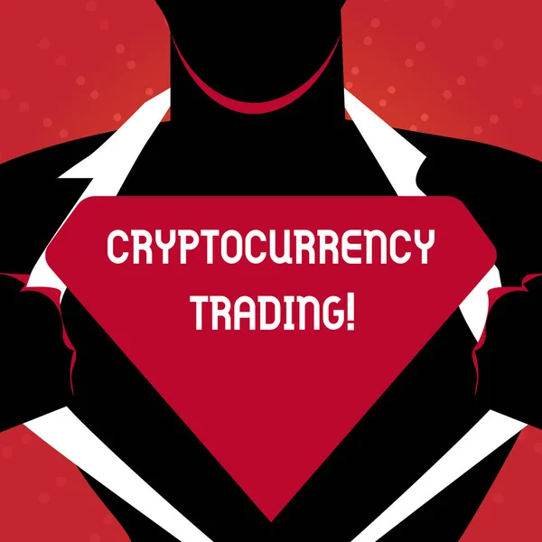 Schrijven van notitie weergegeven: Cryptocurrency Trading. Zakelijke foto presentatie van gewoon de uitwisseling van cryptocurrencies in de markt Man Opening zijn Shirt te onthullen het lege driehoekige Logo. — Stockfoto