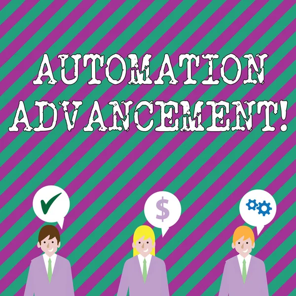 Text sign showing Automation Advancement. Conceptual photo application of machines tasks once performed huanalysiss Businessmen Each has their Own Speech Bubble with Optimization Cost Icons.