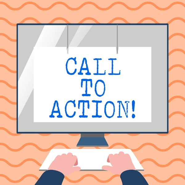 Szöveg írása Call To Action szó. Üzleti koncepció buzdítás valamit annak érdekében, cél elérése makett billentyűzet első az üres fehér Monitor, képernyő oltalmazó kezével probléma. — Stock Fotó