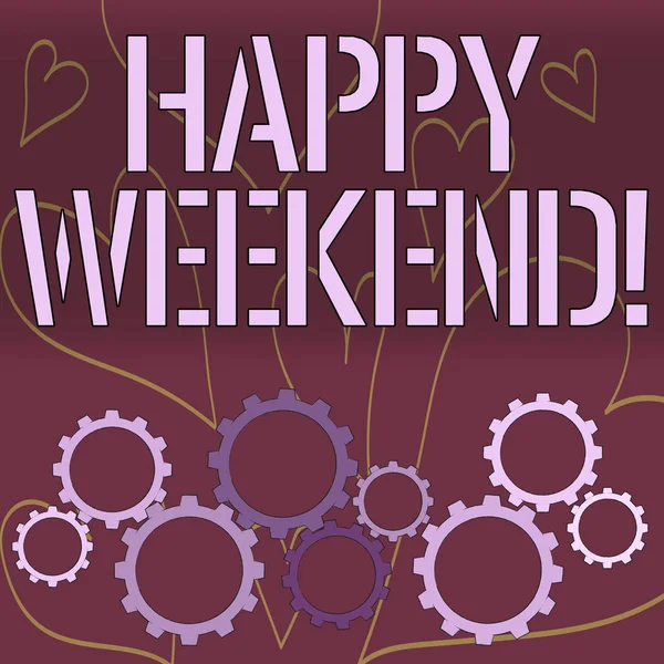 Word writing text Happy Weekend. Business concept for feelings pleasure usually because something nice has happened Colorful Cog Wheel Gear Engaging, Interlocking and Tesselating Flat Style.