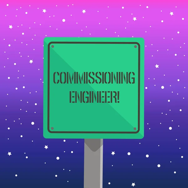 Handwriting text writing Commissioning Engineer. Concept meaning ensure all aspects of building are properly designed 3D Square Blank Colorful Caution Road Sign with Black Border Mounted on Wood. — Stock Photo, Image