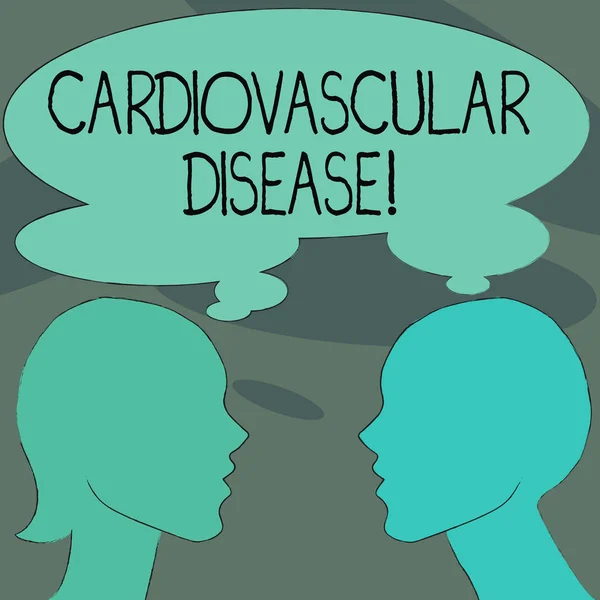 Handwriting text Cardiovascular Disease. Concept meaning conditions involve narrowed or blocked blood vessels Silhouette Sideview Profile Image of Man and Woman with Shared Thought Bubble.