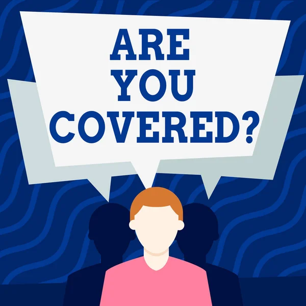 Scrivere una nota che mostri "Are You Covered Question". Business photo showcase chiedendo mostrando se avevano l'assicurazione nel lavoro o nella vita L'uomo senza volto ha due ombre con sovrapposizione di bolle vocali . — Foto Stock