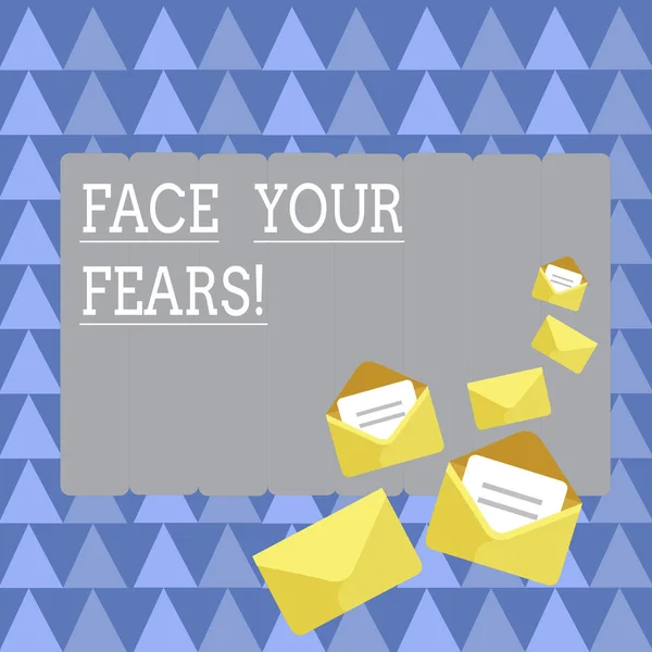 Handwriting text Face Your Fears. Concept meaning recognize you are afraid something and try work through Closed and Open Envelopes with Letter Tucked In on Top of Color Stationery. — Stock Photo, Image