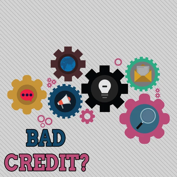 Conceptual hand writing showing Bad Credit Question. Business photo text offering help after going for loan then rejected Set of Global Online Social Networking Icons Cog Wheel Gear. — Stock Photo, Image