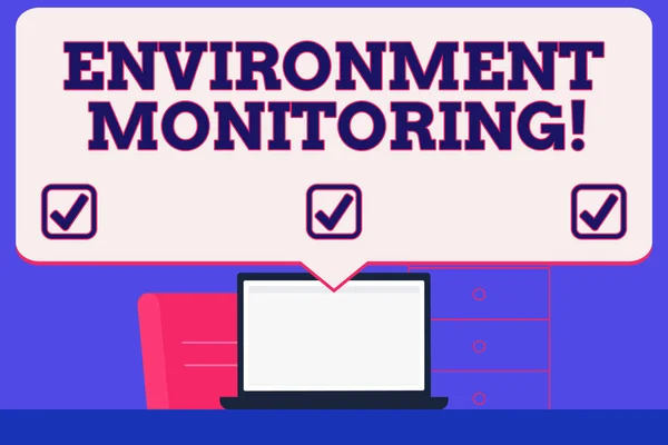 Text sign showing Environment Monitoring. Conceptual photo observing and studying conditions of the environment Blank Huge Speech Bubble Pointing to White Laptop Screen in Workspace Idea. — Stock Photo, Image