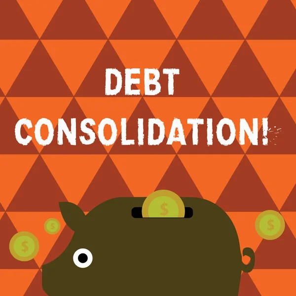 Wortlaut Text Schuldenkonsolidierung. Geschäftskonzept für die Aufnahme eines Kredits zahlt sich bei anderen aus: Bunte Sparschweine und Münzen mit Dollarzeichen im Schlitz. — Stockfoto