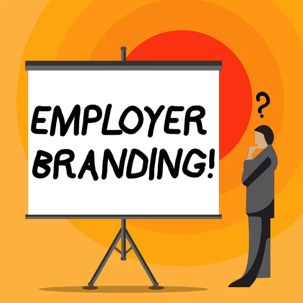 Writing note showing Employer Branding. Business photo showcasing process promoting company of choice desired target group Businessman with Question Mark Above his Head Blank Screen.