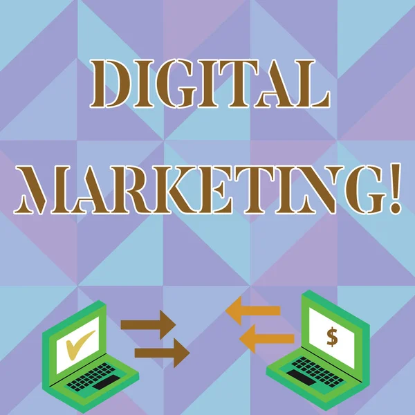 Writing note showing Digital Marketing. Business photo showcasing market products or services using technologies on Internet Arrow Icons Between Two Laptop Currency Sign and Check Icons.