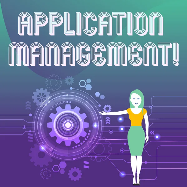 Word writing text Application Management. Business concept for analysisaging applications throughout their lifecycle Woman Standing and Presenting the SEO Process with Cog Wheel Gear inside.