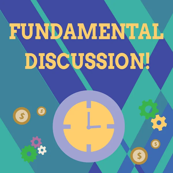 Handwriting text writing Fundamental Discussion. Concept meaning Necessary action or process of talking something Time Management Icons of Clock, Cog Wheel Gears and Dollar Currency Sign.