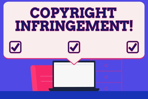 Text sign showing Copyright Infringement. Conceptual photo use of works protected by law without permission Blank Huge Speech Bubble Pointing to White Laptop Screen in Workspace Idea.