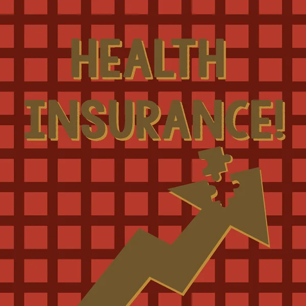 Writing Obs visar sjukförsäkring. Företag foto skylta försäkring att täcka kostnaderna för sjukvård pil pekar upp med fristående del pusselbit. — Stockfoto