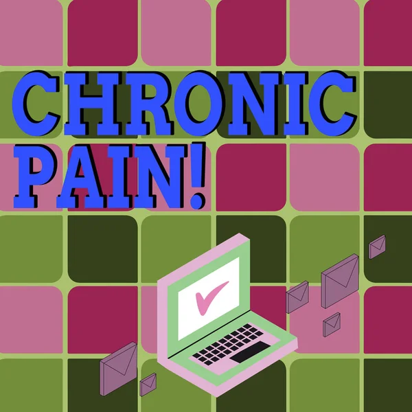 Text sign showing Chronic Pain. Conceptual photo normal sensation alerts us to possible injury last twelve weeks Color Mail Envelopes around Laptop with Check Mark icon on Monitor Screen.