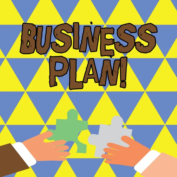 Nota di scrittura che mostra Business Plan. Business photo vetrina che definisce gli obiettivi futuri del business per il loro raggiungimento mani tenendo puzzle pezzi su Interlock the Tiles . — Foto Stock