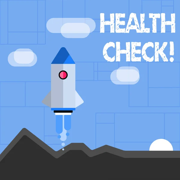 Scrittura concettuale a mano che mostra Health Check. Foto d'affari esame di testo per determinare se dimostrando affetti da malattia Colorful Space Shuttle lancio di nuove imprese Startup . — Foto Stock