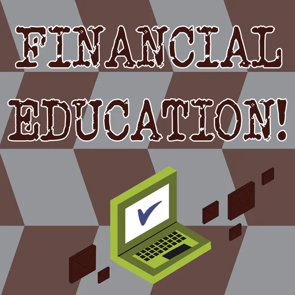 Conceptual hand writing showing Financial Education. Business photo showcasing allows individual make decisions with fnancial resources Mail Envelopes around Laptop with Check Mark icon on Monitor.