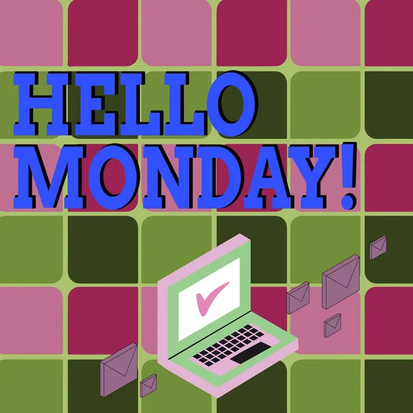 Text sign showing Hello Monday. Conceptual photo indicate starting fresh new week welcoming it with smile Color Mail Envelopes around Laptop with Check Mark icon on Monitor Screen.