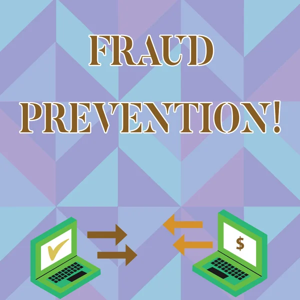 Writing note showing Fraud Prevention. Business photo showcasing stop from doing or happening to hinder demonstrating acting Arrow Icons Between Two Laptop Currency Sign and Check Icons.