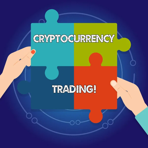 Segno di testo che mostra Cryptocurrency Trading. Foto concettuale semplicemente lo scambio di criptovalute nel mercato Quattro vuoti multi colore puzzle Pieces Pieces Messo insieme da mani umane . — Foto Stock