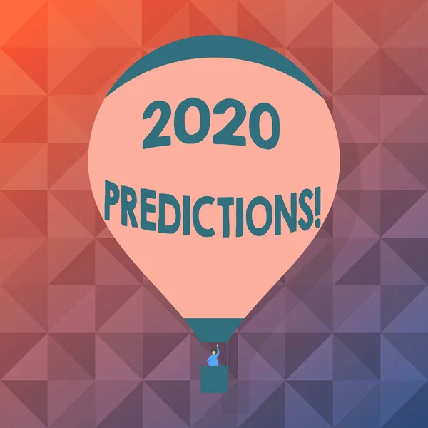Texte textuel 2020 Prédictions. Concept d'affaires pour la déclaration sur ce que vous pensez qu'il se passera dans le futur ballon à air chaud rose blanc flottant avec un passager agitant de la gondole . — Photo