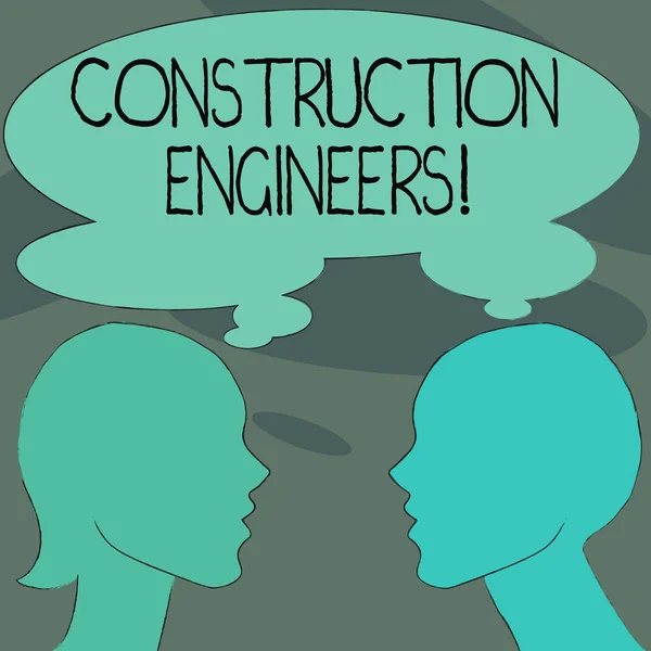 Texto de escritura a mano Ingenieros de construcción. Concepto que significa disciplina que se ocupa del diseño y planificación Silhouette Sideview Perfil Imagen del hombre y la mujer con la burbuja de pensamiento compartido . — Foto de Stock