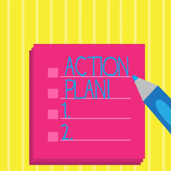 Text sign showing Action Plan. Conceptual photo proposed strategy or course of actions for certain time Blank Colorful To Do Check List Planner Sheets with Tick Box and Marker Pen.
