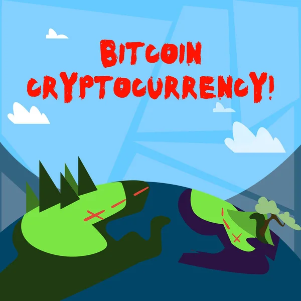 Szöveg írása Bitcoin Cryptocurrency szó. Üzleti koncepció digitális kifizetés pénznemében hasznosítja a cryptocurrencies hegyre megjelölt túraútvonal és Trekking pályák szabadtéri hirdetések. — Stock Fotó