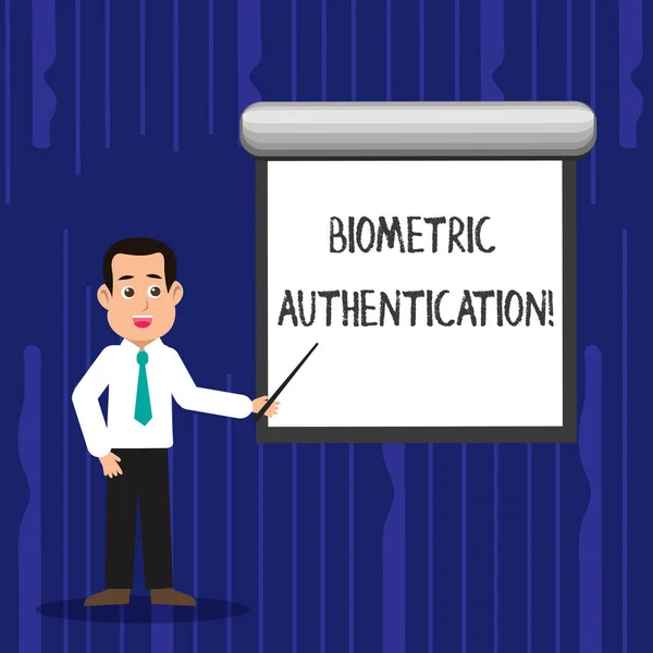 Tekst teken weergegeven: biometrische authentificatie. De verificatie van de identiteit van de conceptuele foto gaat om biologische input Man stropdas praten Holding Stick wijzen aan leeg wit scherm op muur. — Stockfoto