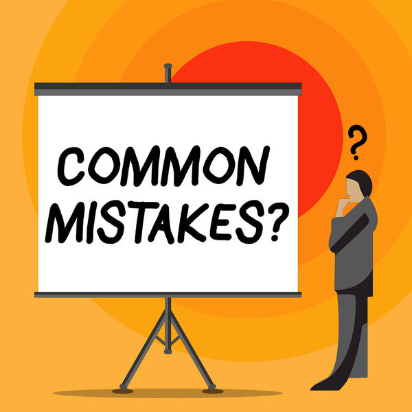 Writing note showing Common Mistakes question. Business photo showcasing repeat act or judgement misguided or wrong Businessman with Question Mark Above his Head Blank Screen.