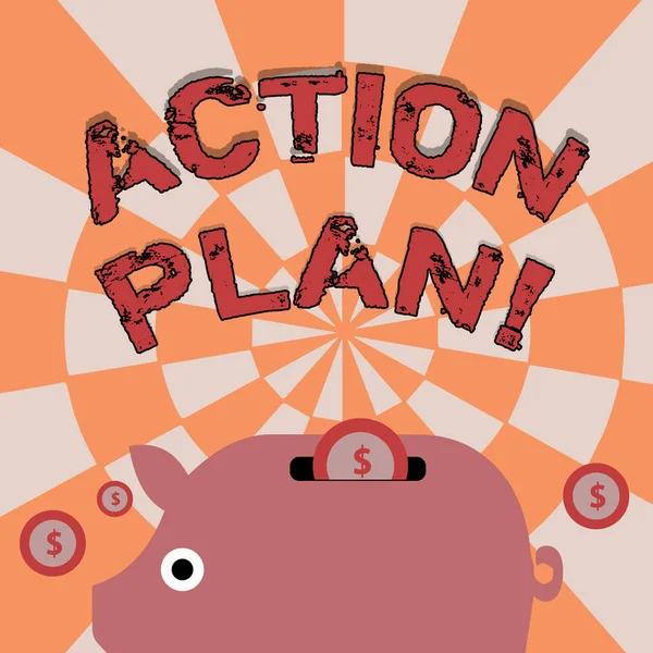 Text sign showing Action Plan. Conceptual photo proposed strategy or course of actions for certain time Colorful Piggy Money Bank and Coins with Dollar Currency Sign in the Slit.