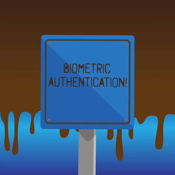 Κείμενο πινακίδα που δείχνει βιομετρικού ελέγχου ταυτότητας. Επαλήθευση ταυτότητας εννοιολογική φωτογραφία περιλαμβάνει βιολογικό εισόδου 3d πλατεία κενό πολύχρωμο προσοχή πινακίδα με μαύρο περίγραμμα τοποθετημένα σε ξύλο. — Φωτογραφία Αρχείου