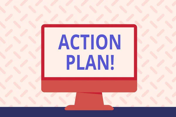 Szöveg jel mutatja a cselekvési terv. Javasolt stratégia vagy az intézkedések bizonyos ideje üres hely asztali számítógép színes Monitor képernyő szabadon álló tábla fogalmi fénykép. — Stock Fotó