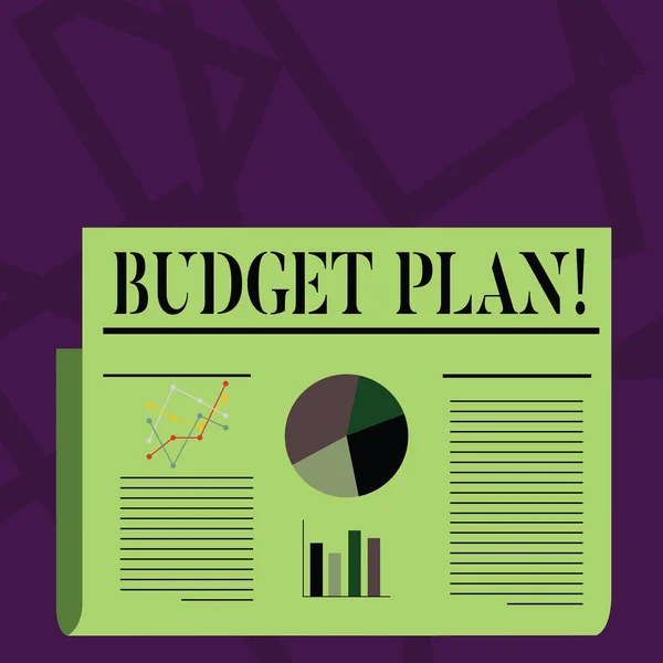 Writing note showing Budget Plan. Business photo showcasing estimate of income and expenditure for set period of time Colorful Layout Design Plan of Text Line, Bar and Pie Chart. — Stock Photo, Image