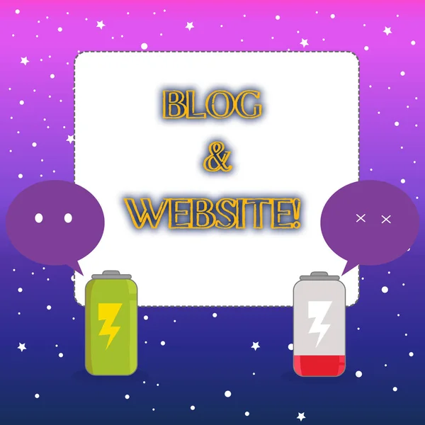 Word writing text Blog And Website. Business concept for discussion or informational website published on WWW Fully Charged and Discharged Battery with Two Colorful Emoji Speech Bubble.