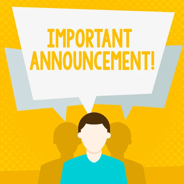 Conceptual hand writing showing Important Announcement. Business photo showcasing A significant public notification or declaration Faceless Man has Two Shadows with Speech Bubble Overlapping. — Stock Photo, Image