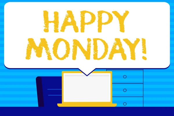Konzeptionelle Handschrift, die Happy Monday zeigt. Geschäftstexte zeigen den Beginn der neuen Woche an und begrüßen sie mit einem Lächeln leeren riesigen Sprechblase, die auf den weißen Laptop-Bildschirm zeigt. — Stockfoto