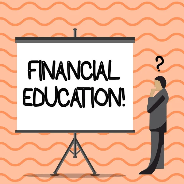 Writing note showing Financial Education. Business photo showcasing allows individual make decisions with fnancial resources Businessman with Question Mark Above his Head Blank Screen.