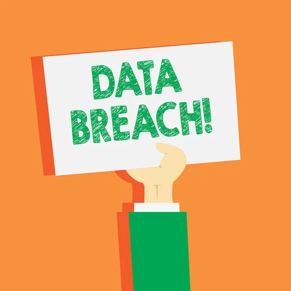 Handwriting text writing Data Breach. Concept meaning security incident in which sensitive confidential data is copied Clipart of Hand Holding Up Blank Sheet of White Paper on Pastel Backdrop.