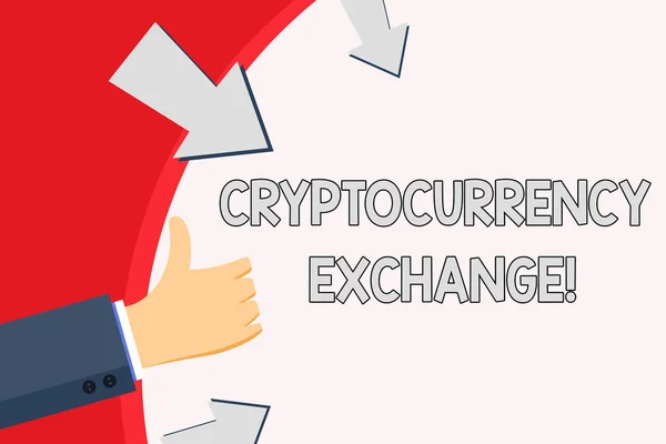 Teks tulisan tangan Cryptocurrency Exchange. Konsep yang berarti bisnis memungkinkan pelanggan untuk perdagangan cryptocurrency Tangan Gesturing Thumbs Up dan Holding on Blank Space Round Shape with Arrows . — Stok Foto