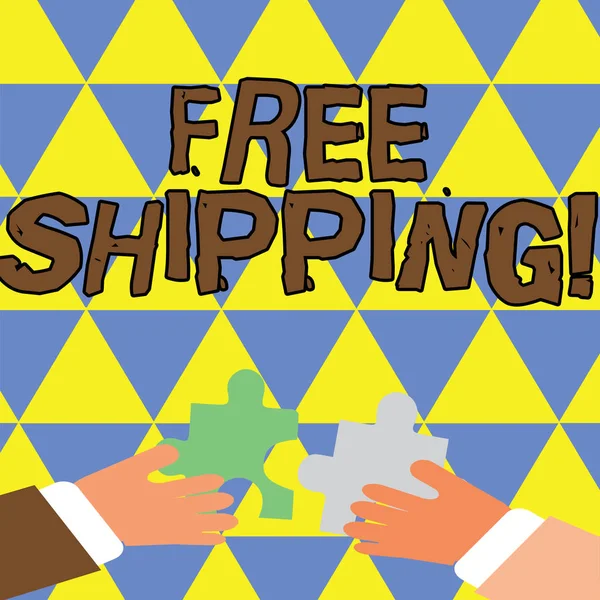 Writing note showing Free Shipping. Business photo showcasing tactic used primarily by online vendors as sales strategy Hands Holding Jigsaw Puzzle Pieces about Interlock the Tiles.