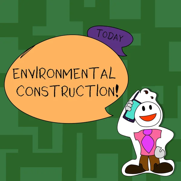 Text sign showing Environmental Construction. Conceptual photo knowledgeable about sustainable building practice Smiley Face Man in Necktie Holding Smartphone to his Head in Sticker Style. — Stock Photo, Image