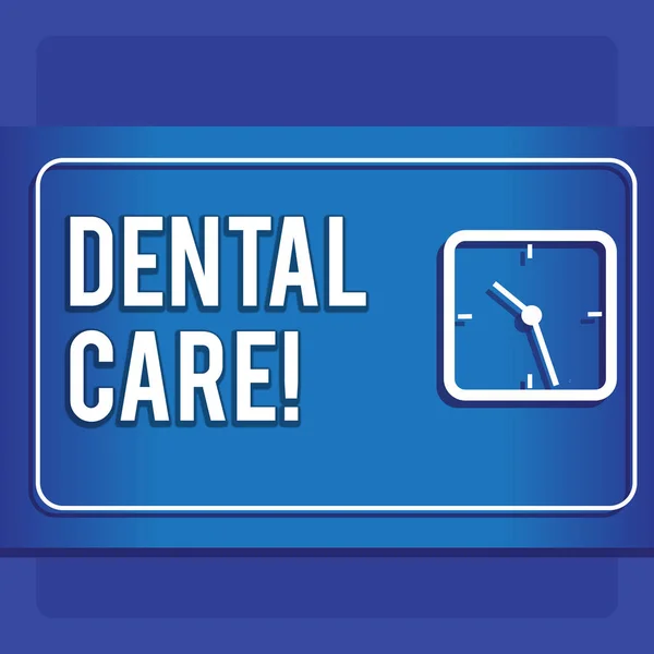 Írásbeli Megjegyzés mutatja, fogászati ellátás. Üzleti fotó, bemutatják a fenntartása az egészséges fogak, és lehet hivatkozni, szájhigiénia Modern Design a tér óra két hang pasztell hátteret. — Stock Fotó