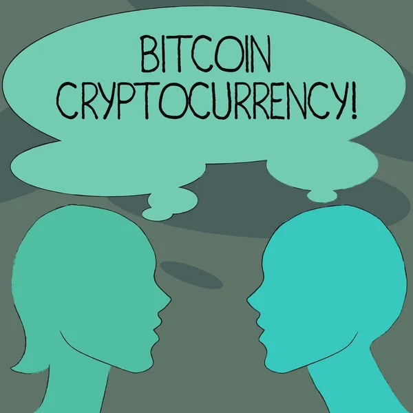 Handwriting text Bitcoin Cryptocurrency. Concept meaning digital payment currency utilizes cryptocurrencies Silhouette Sideview Profile Image of Man and Woman with Shared Thought Bubble.