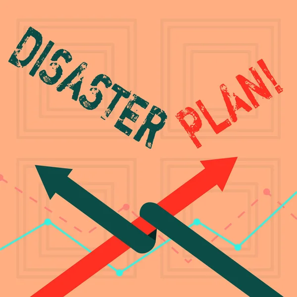 Writing note showing Disaster Plan. Business photo showcasing process or set of procedures to execute organizations recovery Two Arrows One Intertwined to Other Team Up or Competition. — Stock Photo, Image